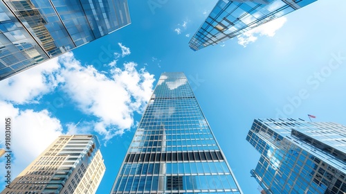 Gleaming Skyscraper in Urban Jungle: Reflective Glass Tower amidst Dynamic City Life