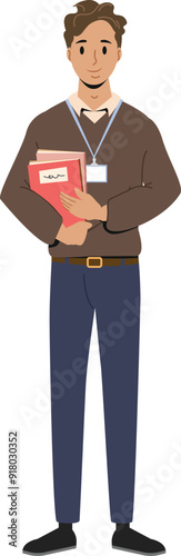 Male school teacher with access card holding books - professional educator