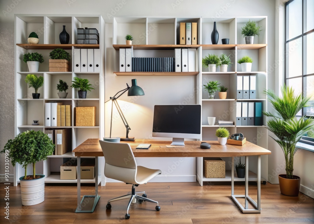 Modern home workspace features a sleek desktop computer, adjustable desk lamp, and tidy shelving units holding books, binders, and office supplies in a clutter-free environment. Modern home workspace features a sleek desktop computer, adjustable desk lamp, and tidy shelving units holding books, binders, and office supplies in a clutter-free environment.