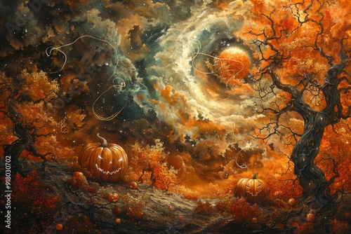 Jack-o'-Lantern Forest with a Glittering Sky and a Red Moon