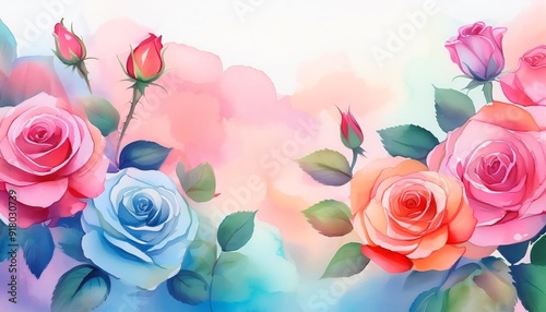 Vibrant watercolor artwork featuring blooming roses, showcasing intricate petals and rich green foliage