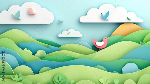 paper cut style illustration pigeon colorful 3d filed green hills whimsical clouds