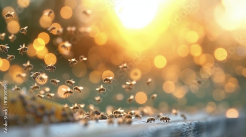 Honeybee Collecting Nectar at Sunset in a Flowering Field