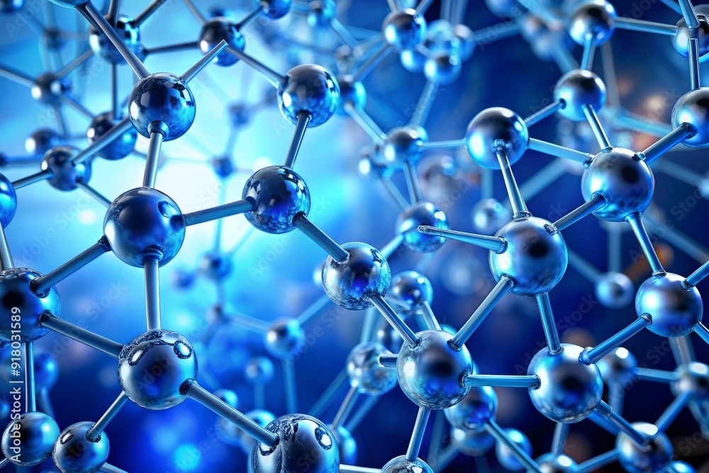 Mesmerizing close-up of suspended molecules against a radiant blue background, highlighting cutting-edge nanotechnology and biomedical design principles in a futuristic scientific context. Mesmerizing close-up of suspended molecules against a radiant blue background, highlighting cutting-edge nanotechnology and biomedical design principles in a futuristic scientific context.
