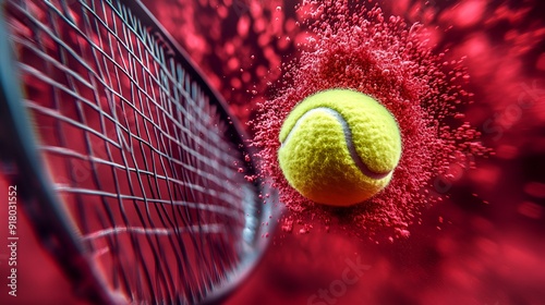 Yellow tennis ball strikes racket in a burst of red powder, capturing dynamic motion and textures in cinematic contrast.