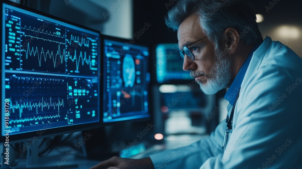 A healthcare professional analyzing a heart rate chart on a computer screen, with a focus on the monitor's detailed ECG readout and the professional's focused expression. A healthcare professional analyzing a heart rate chart on a computer screen, with a focus on the monitor's detailed ECG readout and the professional's focused expression.