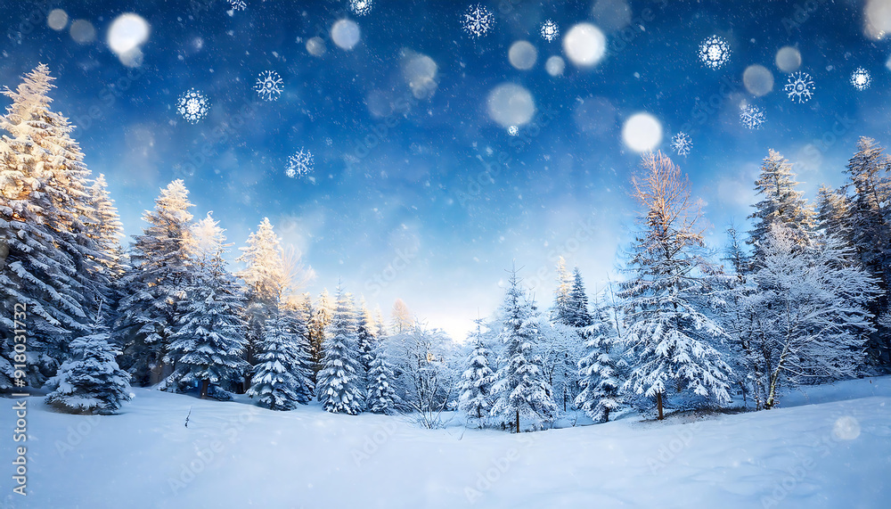festive christmas new year background featuring winter forest scene falling snowflakes