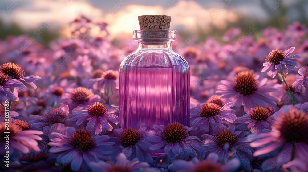 A glass bottle with a cork top nestled among vibrant purple flowers A glass bottle with a cork top nestled among vibrant purple flowers