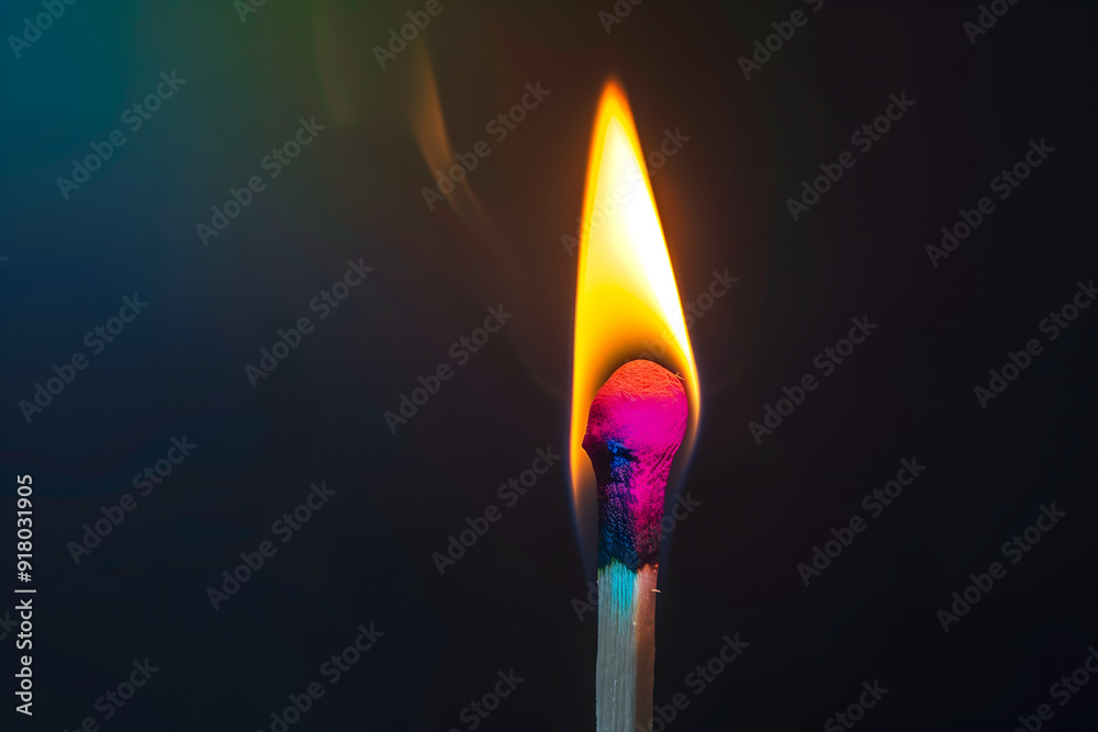 Colorful Matchstick burning against black background Dynamic Fire Visuals Concept