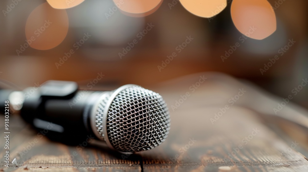 Obraz premium Close-Up Of A Silver Microphone On A Wooden Table With Blurred Background Lights