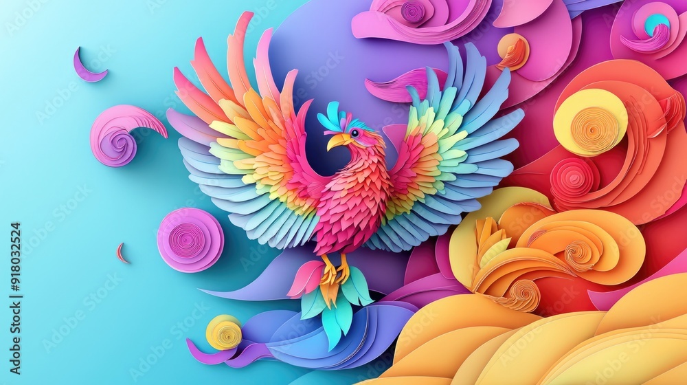 Fototapeta premium paper cut style illustration phoenix colorful 3d filed green hills whimsical clouds