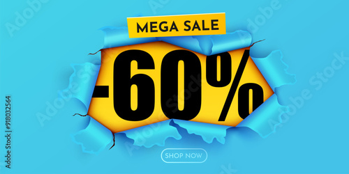 Yellow ripped paper. 60 Percent Off. Mega Sale Banner.
