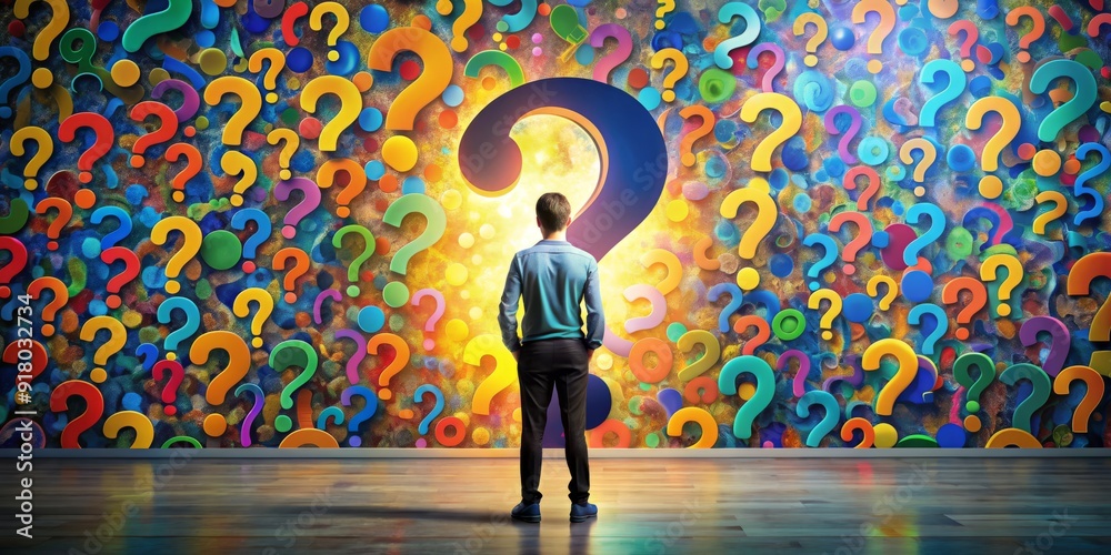 Question Everything Backdrop A puzzled individual stands against a vibrant question-mark backdrop ...