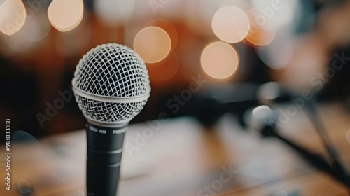 Close-Up Of A Silver Microphone On A Wooden Table With Blurred Background Lights