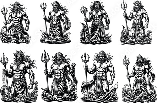 Muscular geek god Poseidon holding a Triton with silhouette  white background
