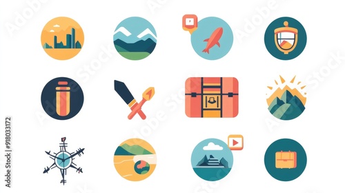 Set of flat design icons for travel and exploration, perfect for websites and apps, on a clean white background