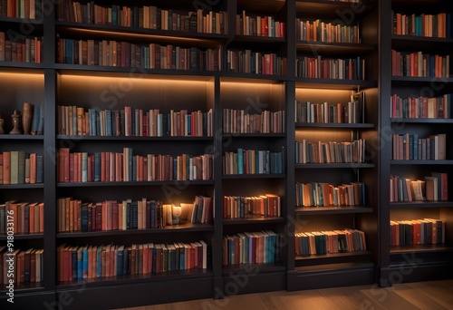 A large library with wooden bookshelves lining the walls, plush leather armchairs, and a large globe-shaped light fixture hanging from the ceiling