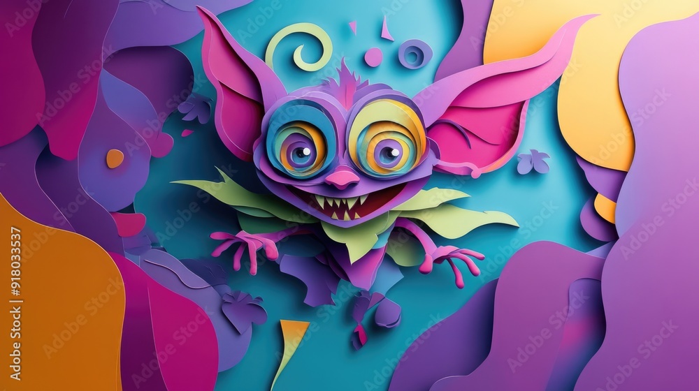paper cut style illustration goblin colorful 3d filed green hills whimsical clouds paper cut style illustration goblin colorful 3d filed green hills whimsical clouds