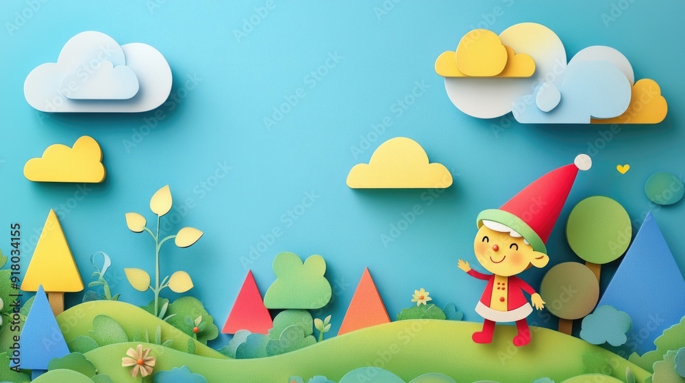 Obraz premium paper cut style illustration elf colorful 3d filed green hills whimsical clouds