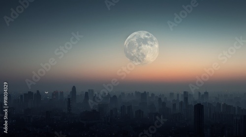 City Skyline Under a Rising Full Moon at Dusk