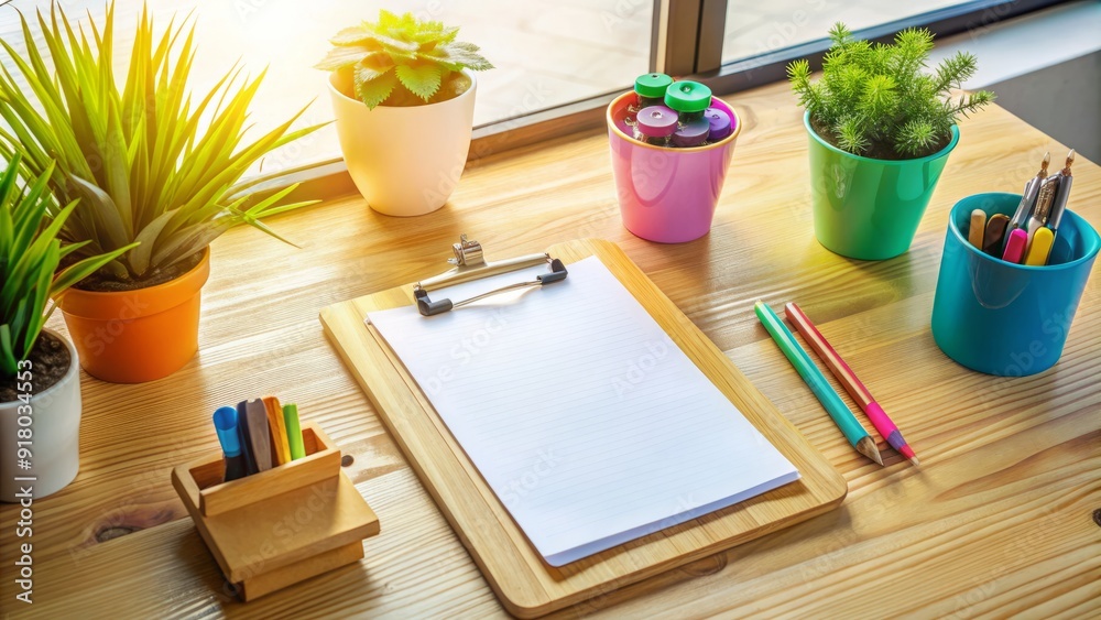 A colorful office desk features a wooden clipboard holding a blank sheet of paper, surrounded by pens, paperweights, and a small plant in a bright atmosphere. A colorful office desk features a wooden clipboard holding a blank sheet of paper, surrounded by pens, paperweights, and a small plant in a bright atmosphere.