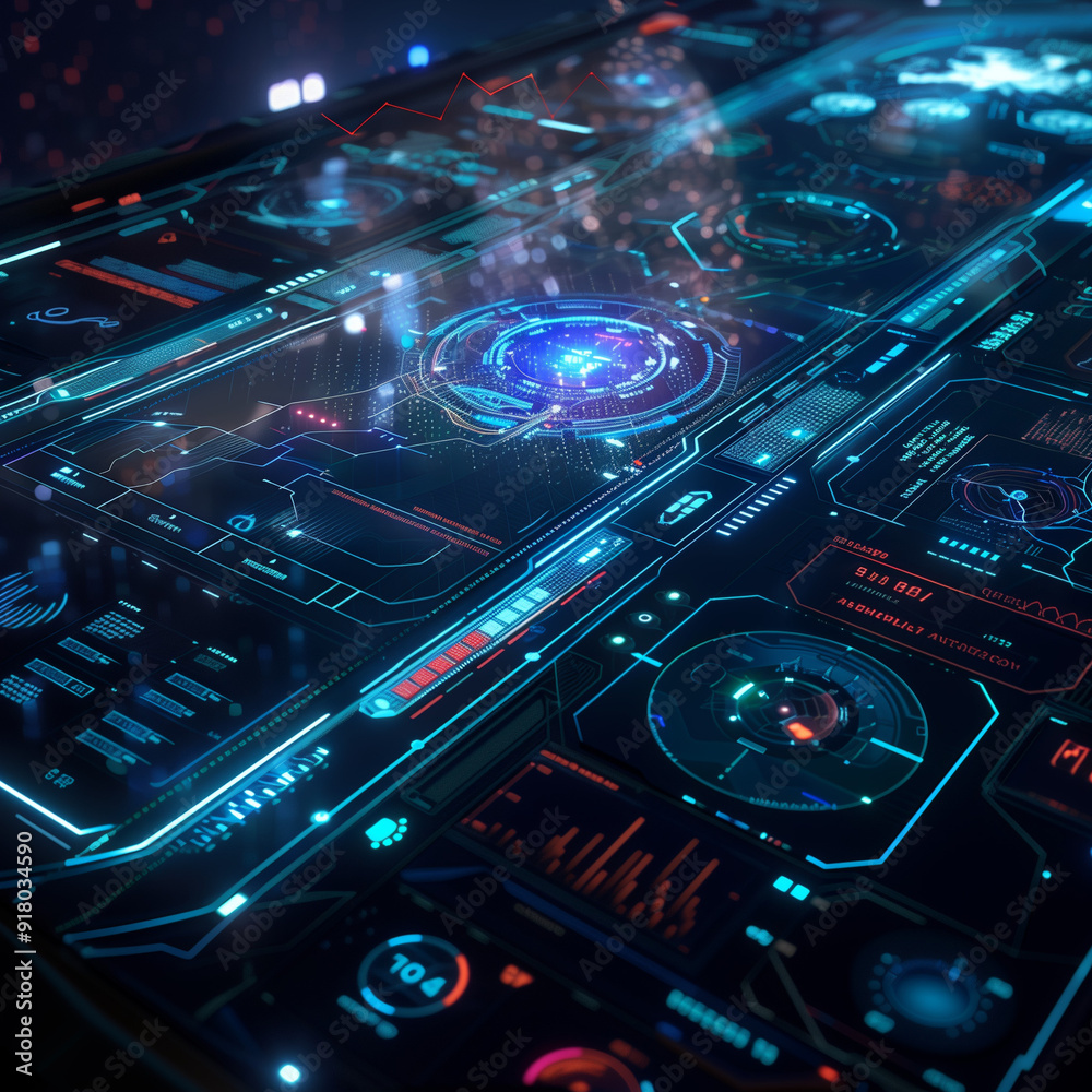 Obraz premium A futuristic technology interface with holographic displays and data visualizations floating in mid-air