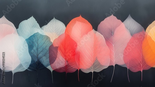 Colorful Translucent Leaves on Dark Background in Artistic Arrangement