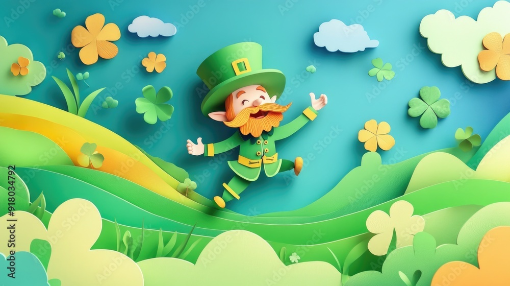 Obraz premium paper cut style illustration leprechaun colorful 3d filed green hills whimsical clouds