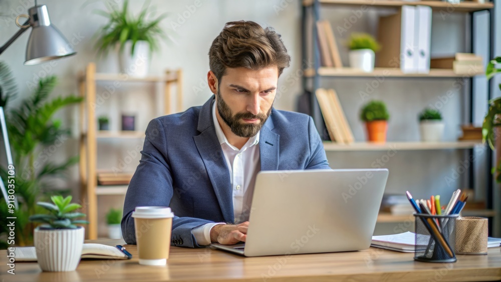 A focused individual with a neutral expression intensely stares at a laptop screen, surrounded by papers and office supplies on a cluttered desk. A focused individual with a neutral expression intensely stares at a laptop screen, surrounded by papers and office supplies on a cluttered desk.