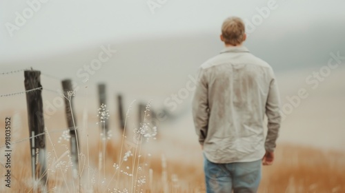 Man Walking Along a Fenced Field in a Misty Landscape