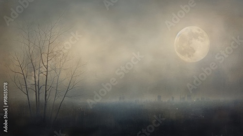 City Skyline Under a Rising Full Moon at Dusk