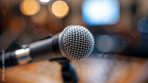 Close-Up Of A Silver Microphone On A Wooden Table With Blurred Background Lights