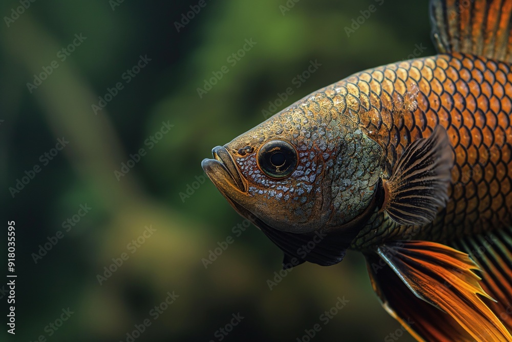 Close-up of a colorful fish with intricate scales and a vibrant orange fin. Close-up of a colorful fish with intricate scales and a vibrant orange fin.