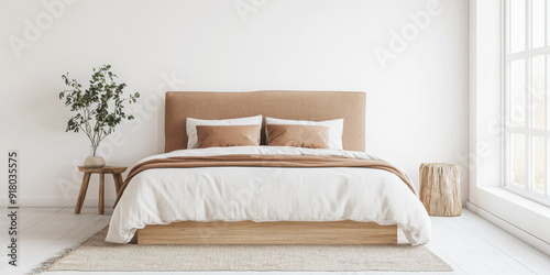 Modern Scandinavian luxury bedroom interiors with an elegant bed and minimal decoration next to a large window.