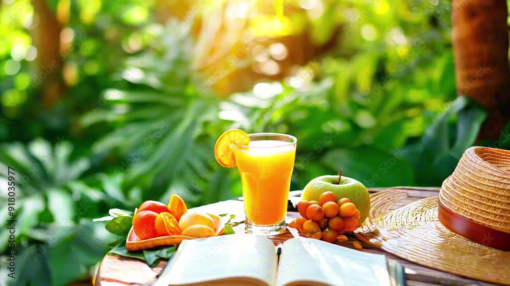 Summer scene with a refreshing drink, fruits, and a book on a wooden table in a tropical setting. Summer scene with a refreshing drink, fruits, and a book on a wooden table in a tropical setting.