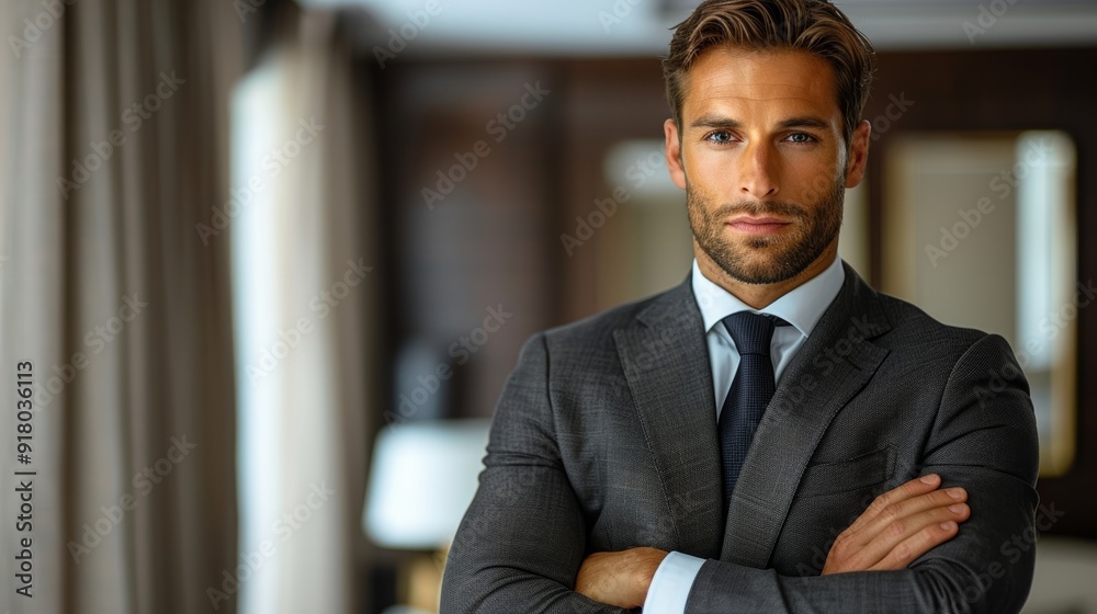 Confident businessman in a suit stands with arms crossed in a modern office setting during the daytime Confident businessman in a suit stands with arms crossed in a modern office setting during the daytime