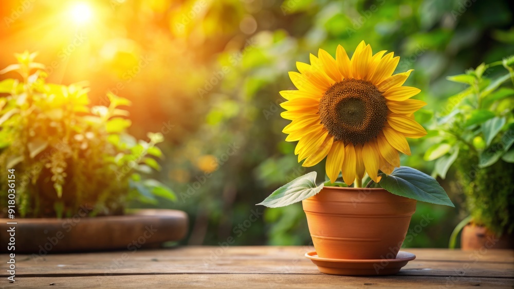 Obraz premium Vibrant yellow sunflower blooms brightly in a small, rustic terracotta pot, surrounded by green leaves, against a soft, blurred outdoor background with natural light.