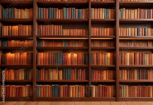 A large wooden bookshelf filled with various books in a library or study