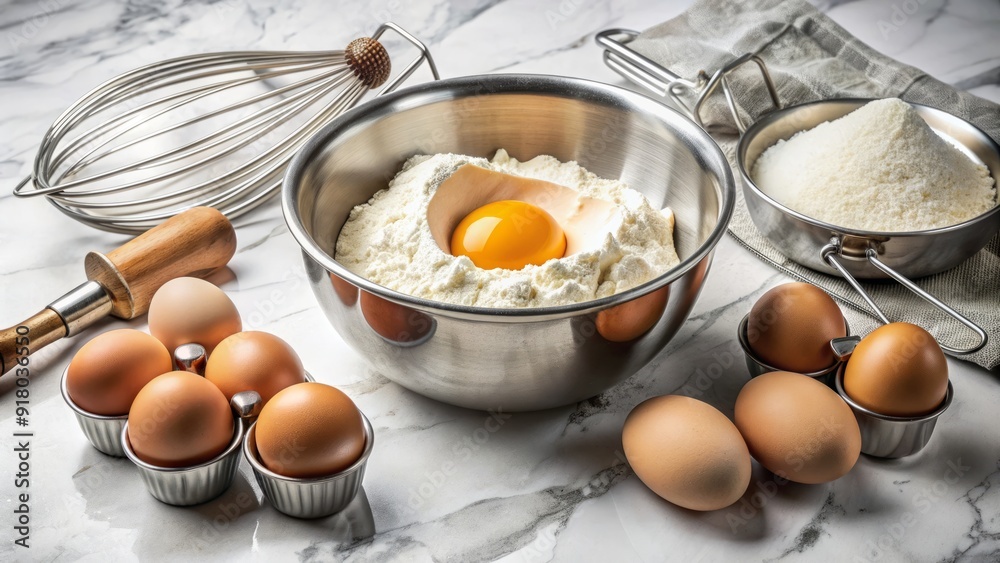 A stainless steel mixing bowl filled with fresh eggs, flour, and sugar, surrounded by utensils and baking supplies on a white marble countertop. A stainless steel mixing bowl filled with fresh eggs, flour, and sugar, surrounded by utensils and baking supplies on a white marble countertop.