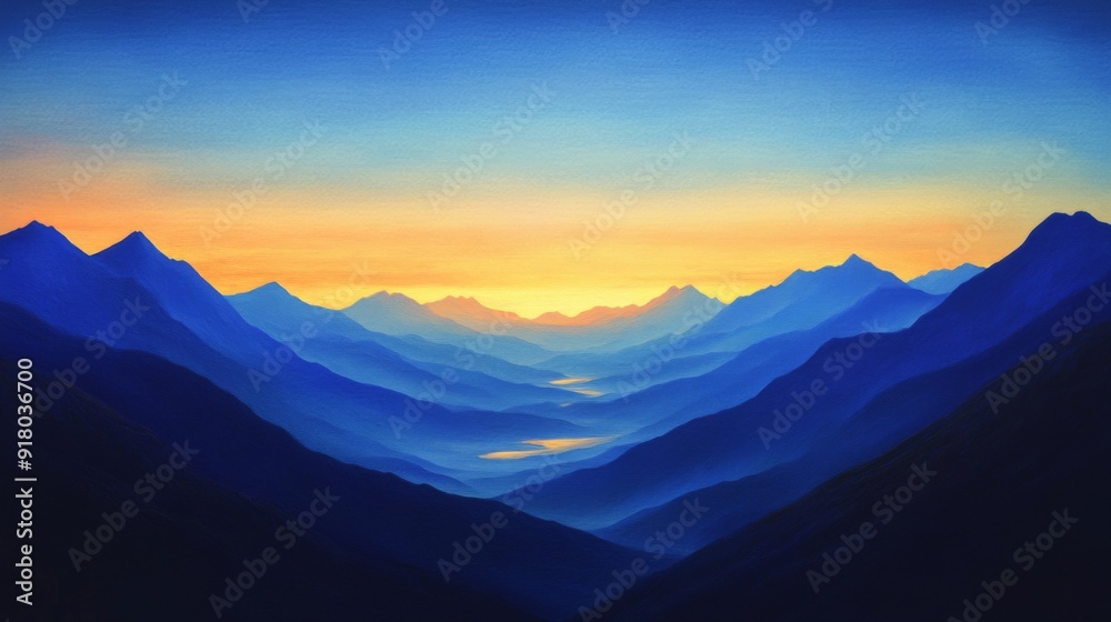 Fototapeta premium A panoramic view of a mountain range bathed in the warm, golden light of the rising sun, with the sky transitioning from dark blue to bright hues of morning.