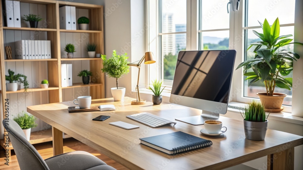 A tidy and organized office desk with a computer, notebook, and pens, surrounded by clean walls and a calm atmosphere, exuding productivity and efficiency. A tidy and organized office desk with a computer, notebook, and pens, surrounded by clean walls and a calm atmosphere, exuding productivity and efficiency.