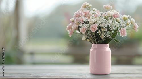 Person Holding Pink Gerbera Daisies in a Pastel Pink Vase Against a Soft Blue Background