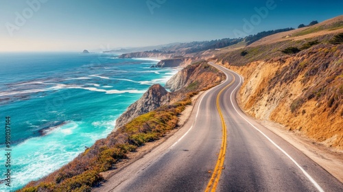 A picturesque coastal road with turquoise waters and golden sands on one side, and rugged cliffs and rolling waves on the other, captured under a clear sky.