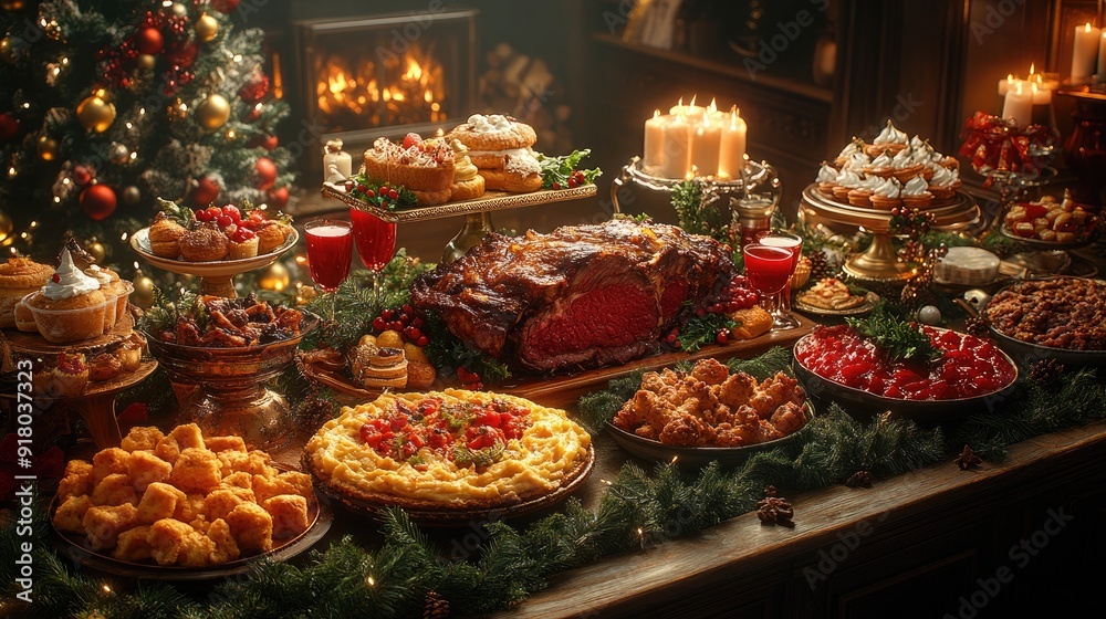 Luxurious Christmas Food Arrangement Featuring a Variety of High-End Holiday Dishes and Elegant Presentation Luxurious Christmas Food Arrangement Featuring a Variety of High-End Holiday Dishes and Elegant Presentation