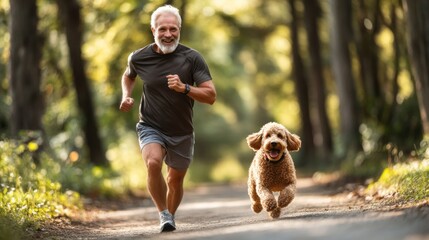 A man and his dog are running together in a forest