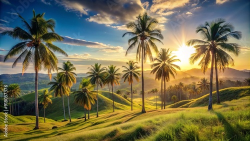 Warm golden light illuminates a serene natural landscape with rolling hills, swaying palm trees, and a tranquil blue sky on a sunny day.