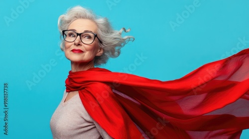 Portrait of her she nice attractive strong powerful cheerful cheery glad gray-haired lady wearing red costume super granny on blue background.