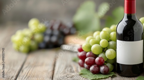 Red Wine Bottle Beside Green and Red Grapes on Rustic Wooden Table