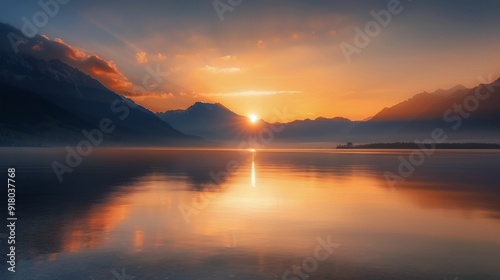 Sunset Over Serene Lake Surrounded by Mountains in Tranquil Landscape
