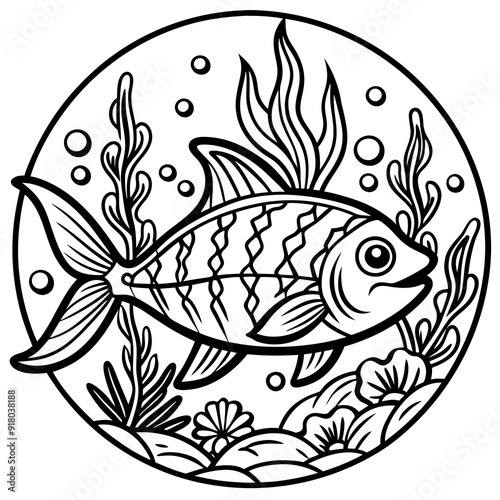 underwater theme with fish, sea creatures, seaweeds and corals on colouring page for kids on vector illustrations